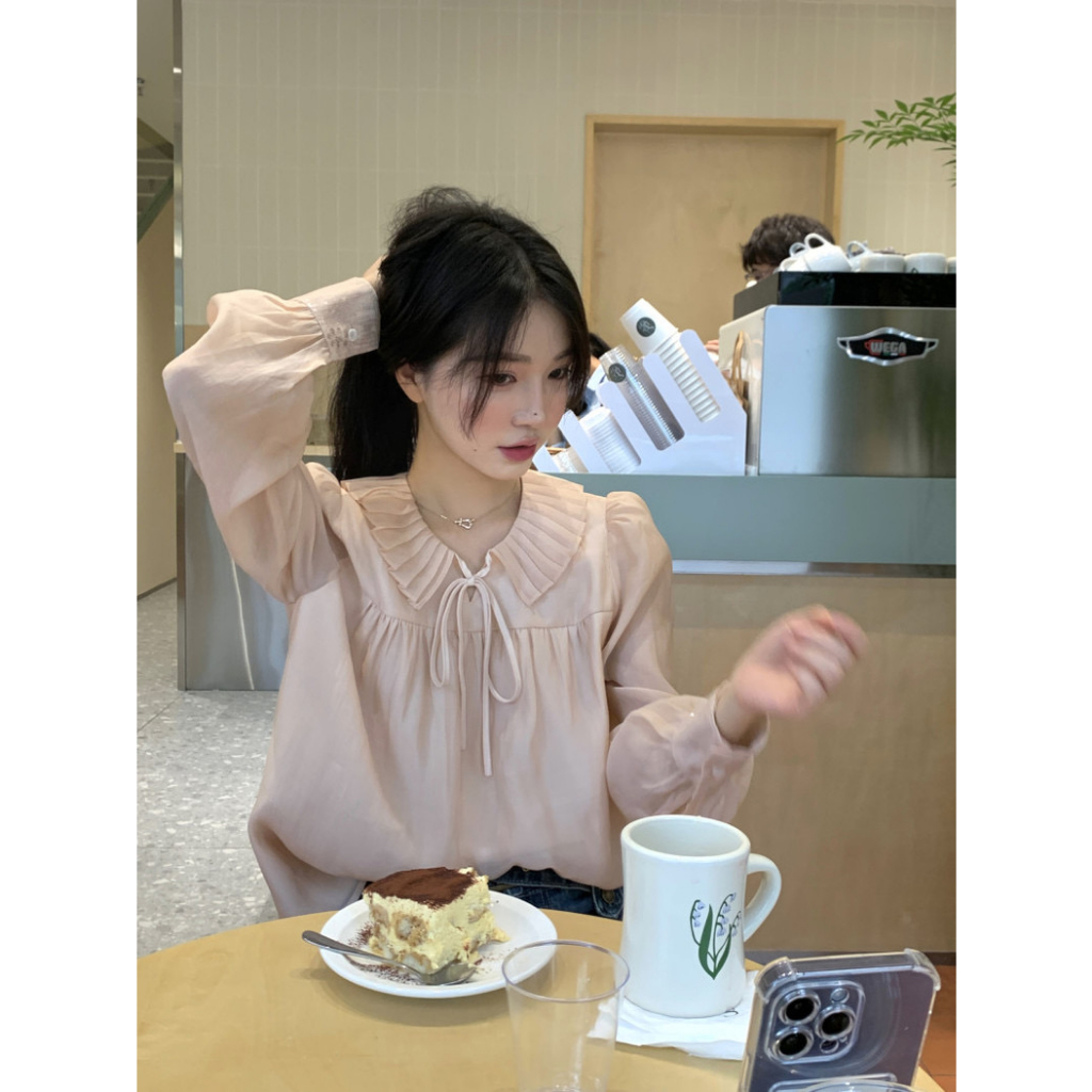 Áo Sơ Mi Hồng Voan Tiểu thư thắt Nơ Tay Dài Phong Cách Hàn Quốc