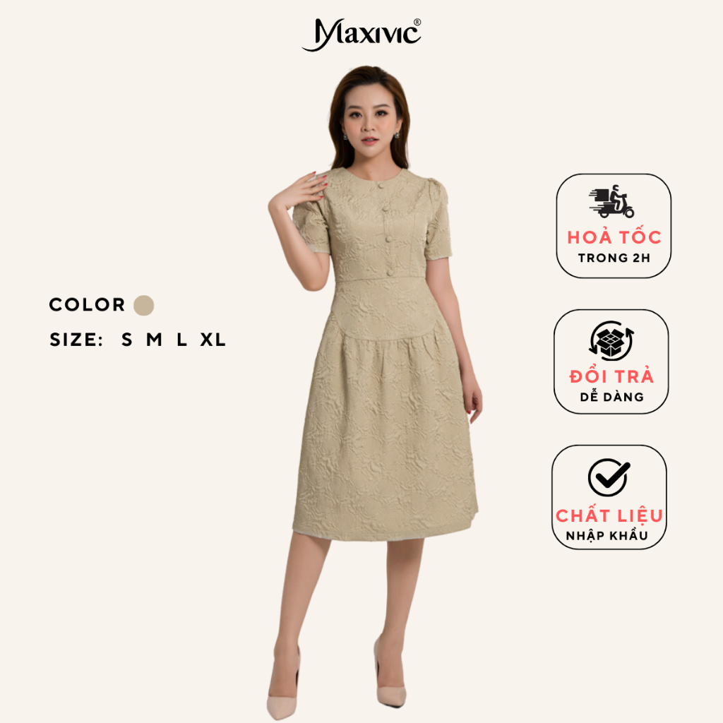 Đầm công sở thiết kế xòe cổ tròn họa tiết hoa nổi đính nút ngực thanh lịch cao cấp Maxivic - size S, M, L, XL M01221002