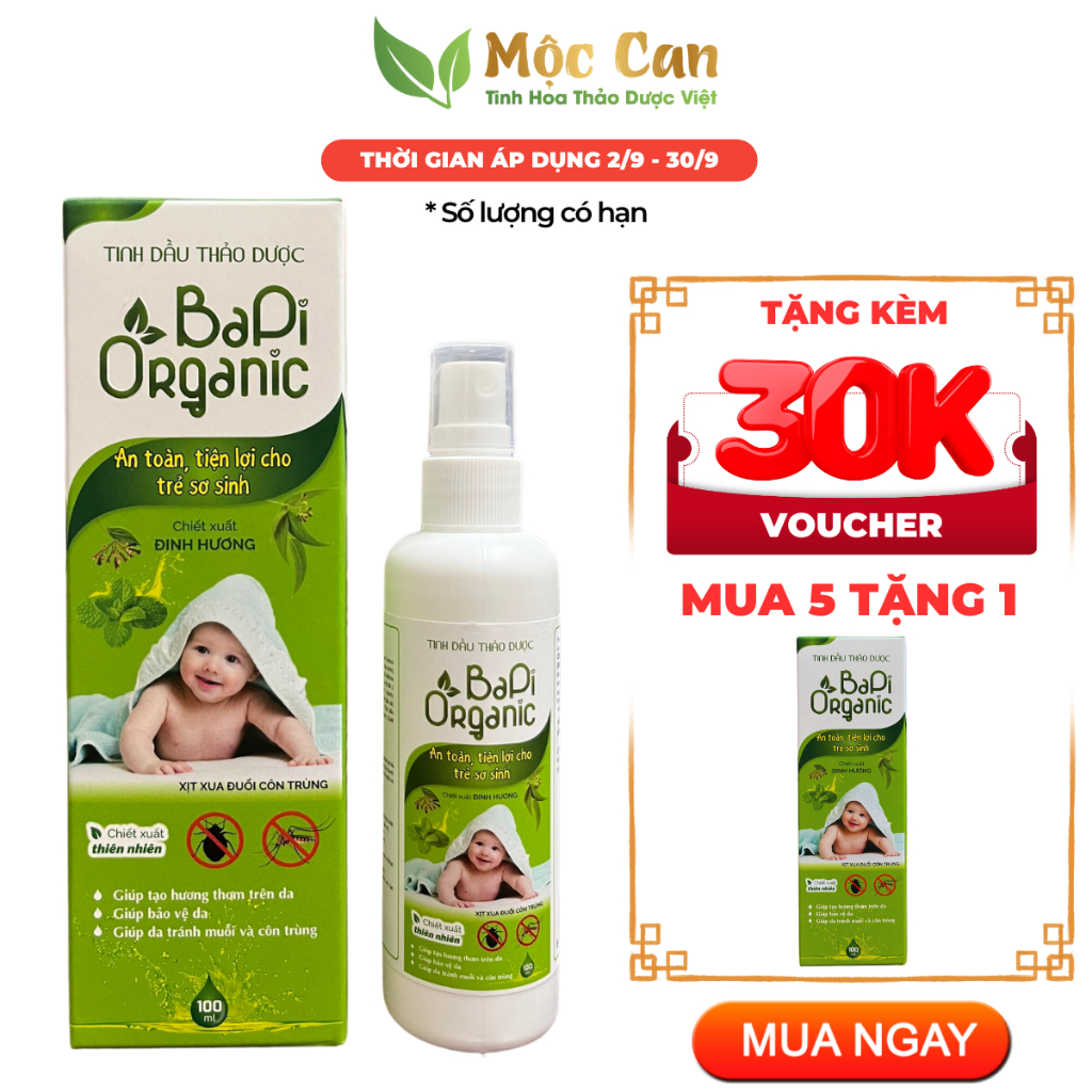 Bình xịt tinh dầu chống muỗi và côn trùng, tinh dầu thảo dược đuổi muỗi, an toàn trên da trẻ em, bapi organic