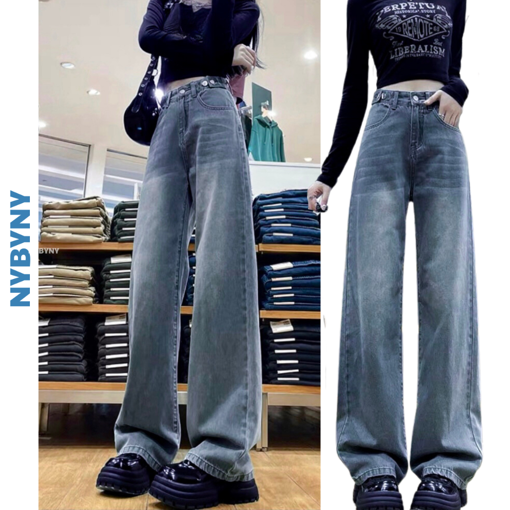 Quần Jeans Nữ Dài 107cm Form Basic màu Xanh Denim Đai Nút nybyny
