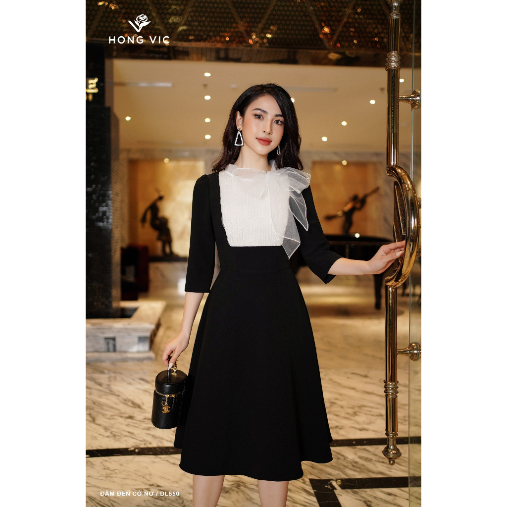 Đầm nữ thiết kế Hong Vic đen cổ nơ DL550