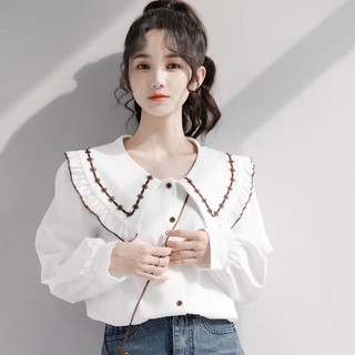 Áo sơ mi nữ trắng công sở cổ viền nâu dài tay