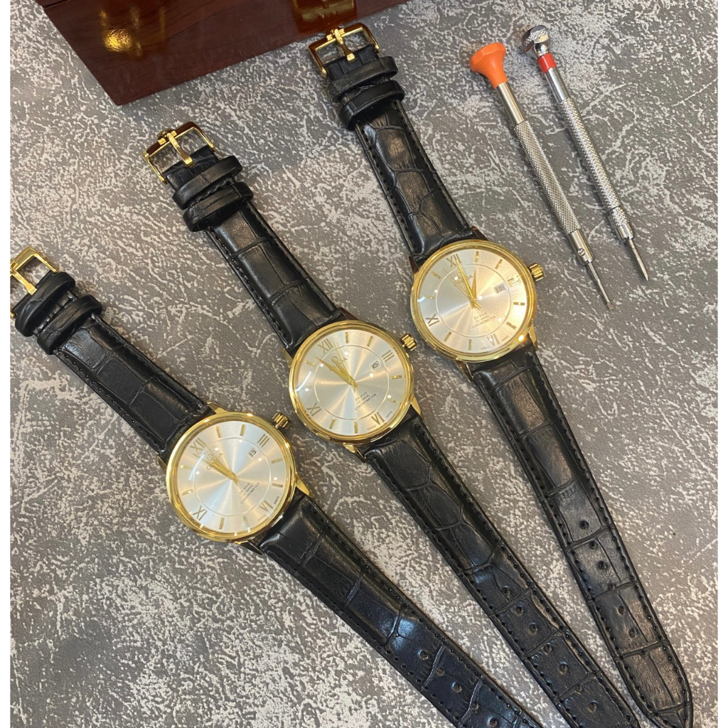 Đồng hồ nam DeVil mặt bạc viền vàng gold dây da