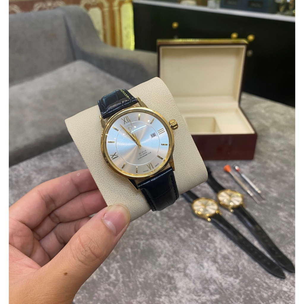 Đồng hồ nam DeVil mặt bạc viền vàng gold dây da