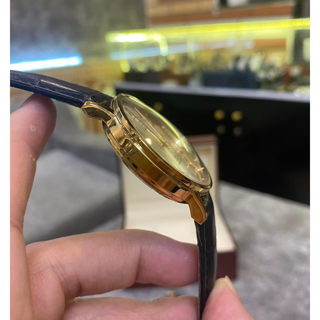 Đồng hồ nam DeVil mặt bạc viền vàng gold dây da