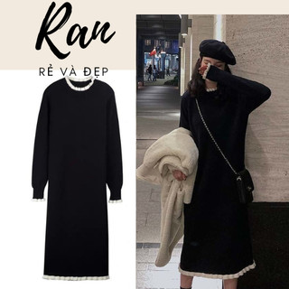 Váy maxi suông dài tay bèo dáng đứng trơn basic cổ tròn vải thun tăm co giãn dày dặn phong cách Hàn Quốc RANSTORE