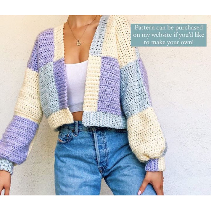 Áo khoác ô vuông len móc-Cardigan ô vuông len móc thủ công