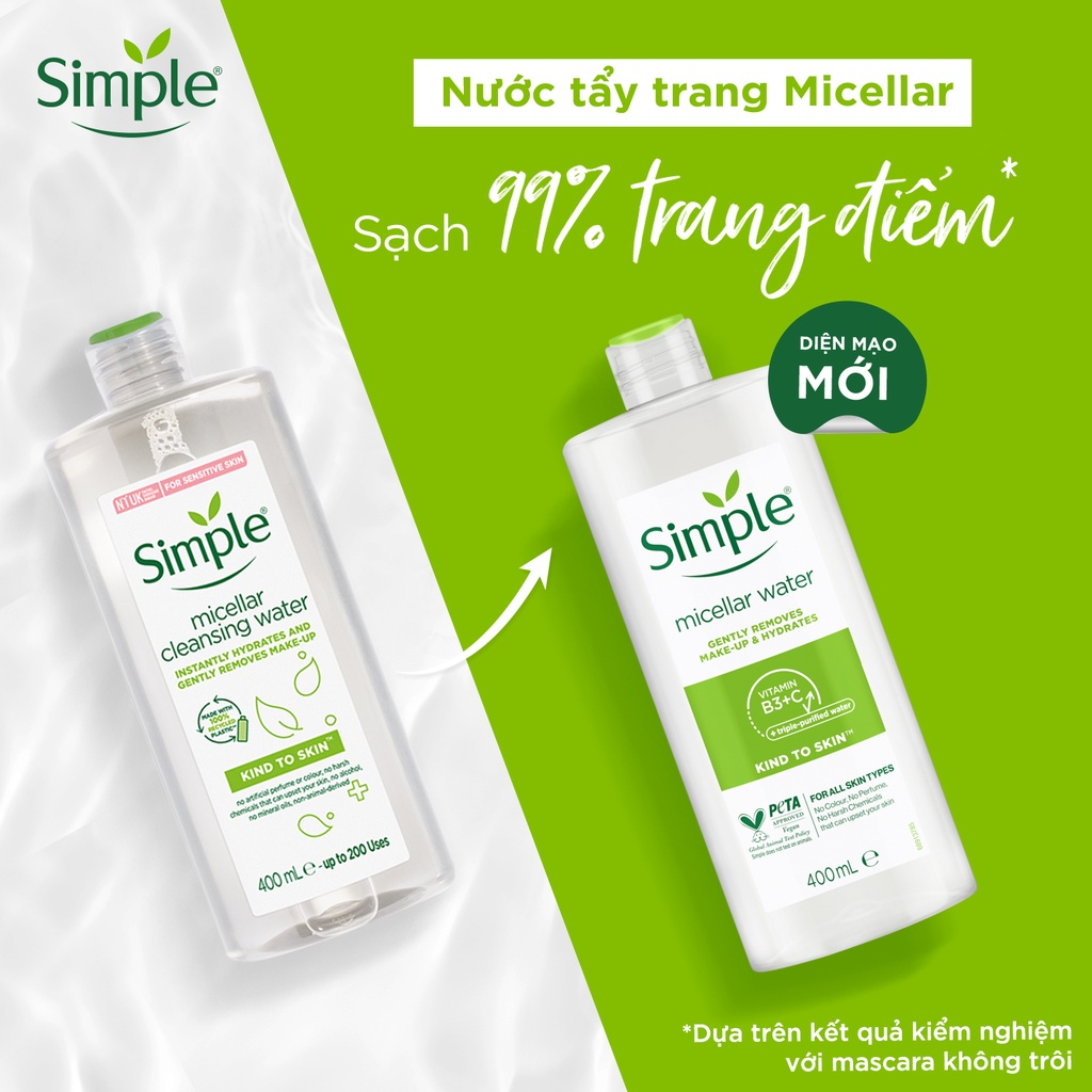 Nước tẩy trang Simple Micellar làm sạch 99% trang điểm, cho da thoáng mịn tức thì 400ml & 200ml