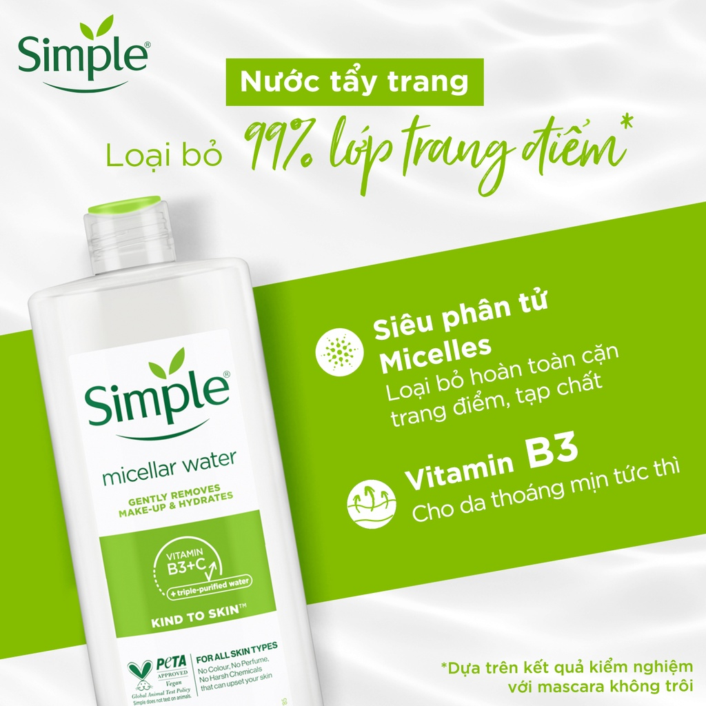 Nước tẩy trang Simple Micellar làm sạch 99% trang điểm, cho da thoáng mịn tức thì 400ml & 200ml