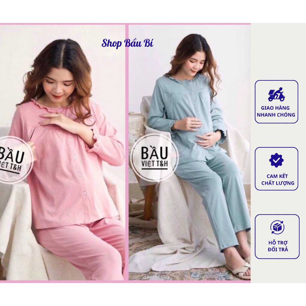 Bộ Đồ Bầu Sau Sinh Mặc Nhà Hàn Quốc, Chất Cotton, Thoáng Mát, Tiện Cho Mẹ Ty (3 Cúc Trơn Dài)