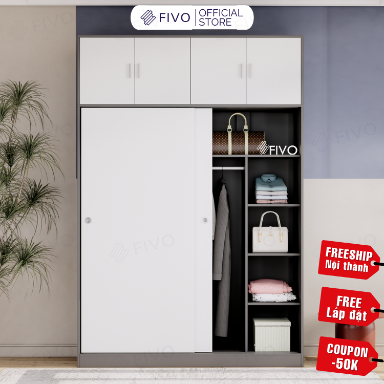 Tủ Áo Quần Cửa Trượt Màu Xám Sang Trọng FIVO FC31, Gỗ Chống Ẩm Cao Cấp Dày Dặn, Sức Chứa Bên Trong Lớn