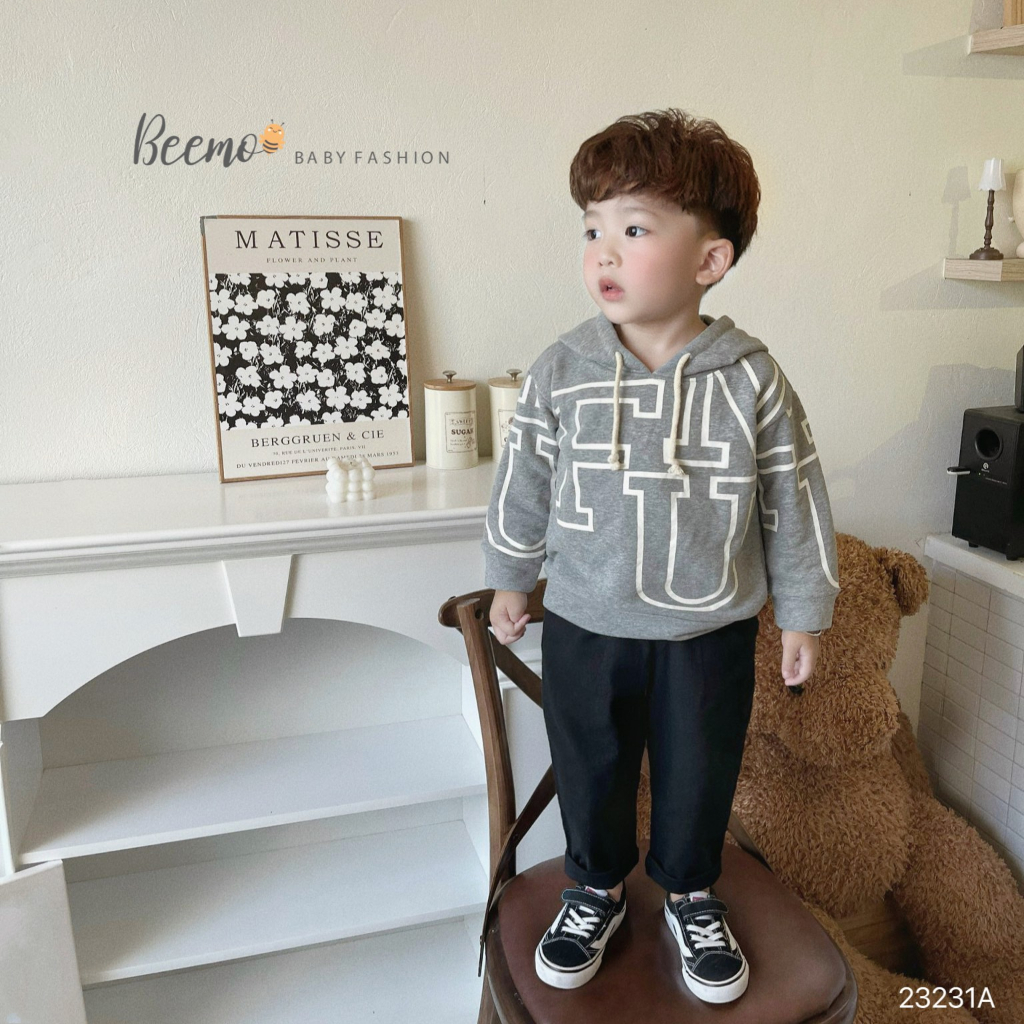 Áo hoodie Beemo dài tay cho bé trai in chữ thời trang, trendy chất liệu nỉ da cá dày dặn, ấm áp mặc thu đông 23231A