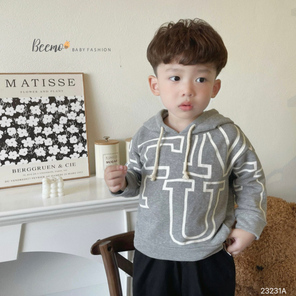 Áo hoodie Beemo dài tay cho bé trai in chữ thời trang, trendy chất liệu nỉ da cá dày dặn, ấm áp mặc thu đông 23231A