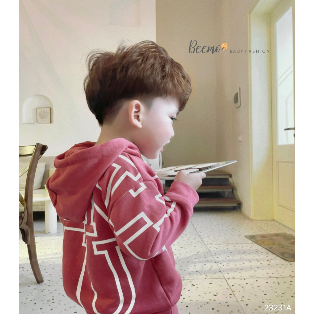 Áo hoodie Beemo dài tay cho bé trai in chữ thời trang, trendy chất liệu nỉ da cá dày dặn, ấm áp mặc thu đông 23231A