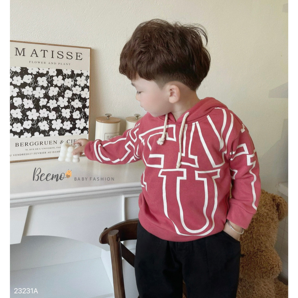 Áo hoodie Beemo dài tay cho bé trai in chữ thời trang, trendy chất liệu nỉ da cá dày dặn, ấm áp mặc thu đông 23231A
