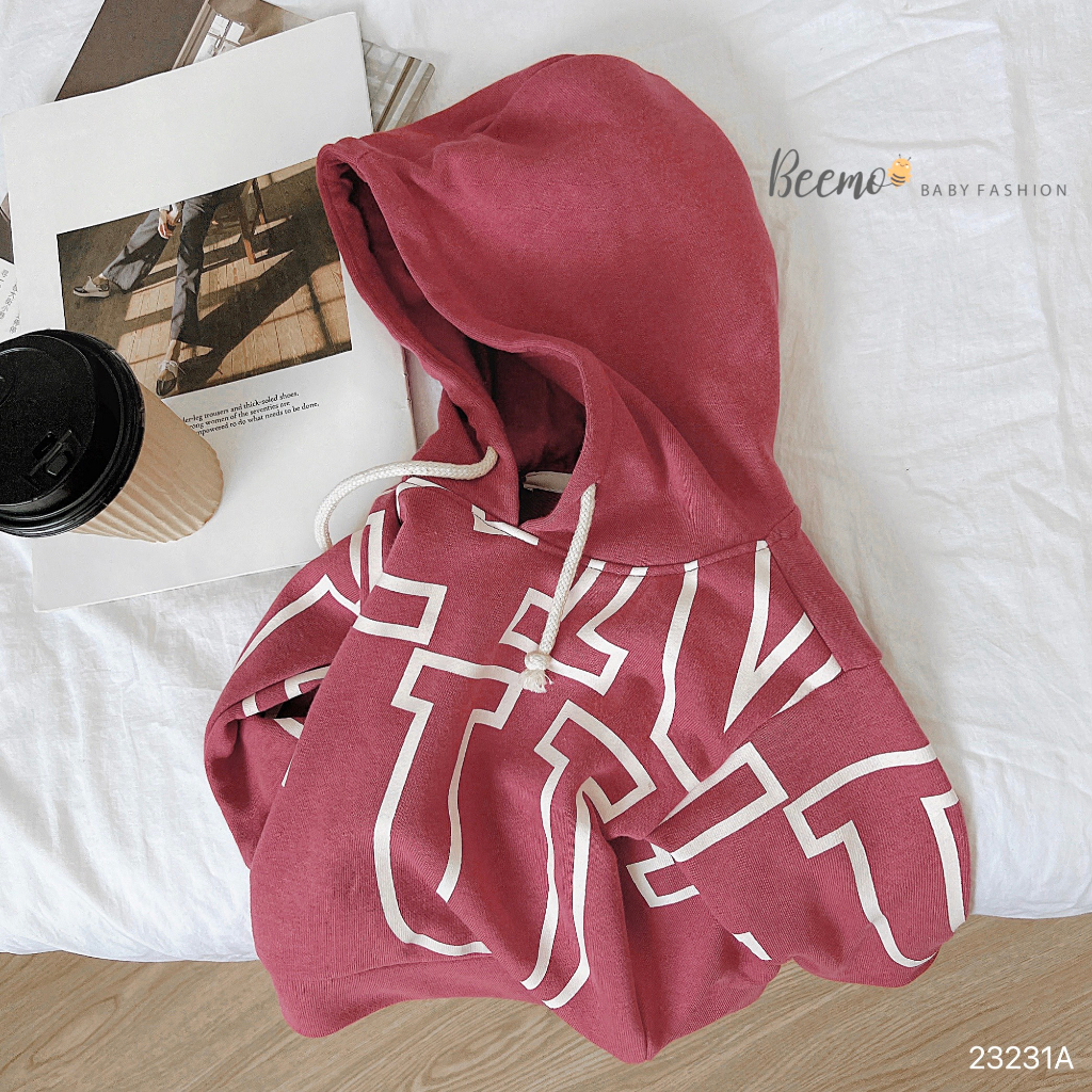 Áo hoodie Beemo dài tay cho bé trai in chữ thời trang, trendy chất liệu nỉ da cá dày dặn, ấm áp mặc thu đông 23231A