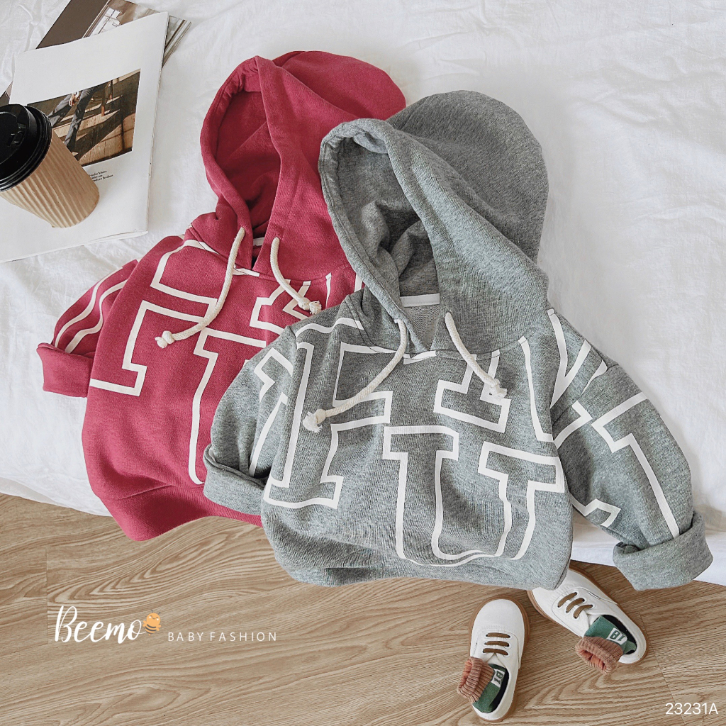 Áo hoodie Beemo dài tay cho bé trai in chữ thời trang, trendy chất liệu nỉ da cá dày dặn, ấm áp mặc thu đông 23231A