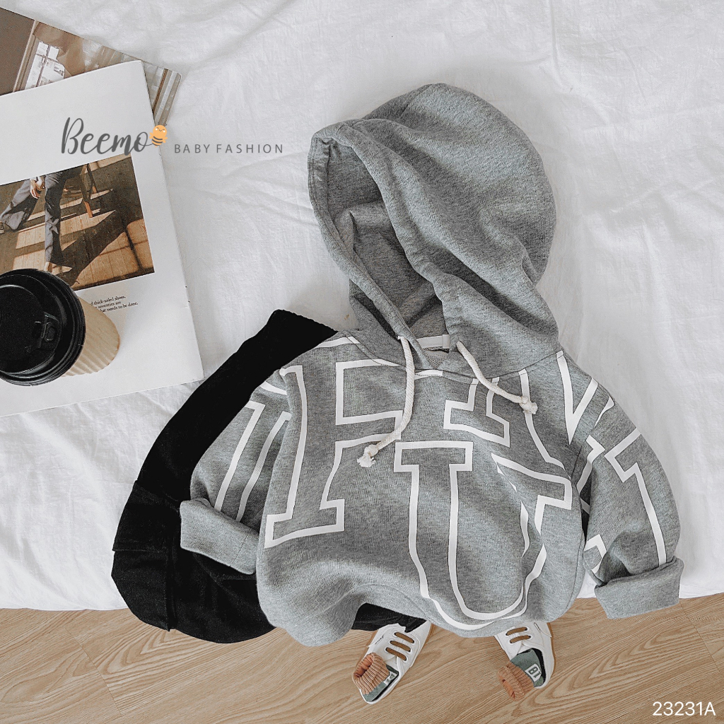 Áo hoodie Beemo dài tay cho bé trai in chữ thời trang, trendy chất liệu nỉ da cá dày dặn, ấm áp mặc thu đông 23231A