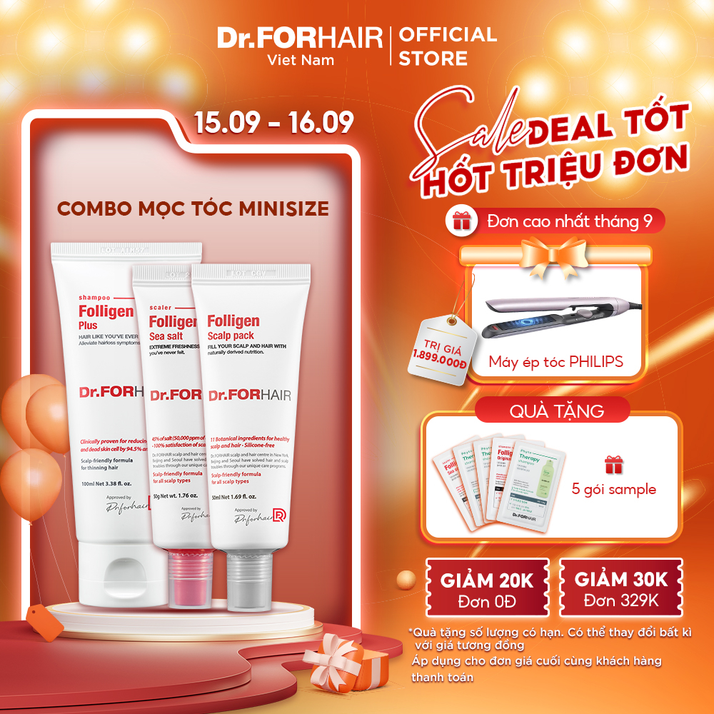 Bộ gội xả mini giúp SẠCH GÀU, giảm rụng và suôn mượt tóc của Dr.FORHAIR: Folligen Plus x Scalp Pack x Sea Salt Scaler