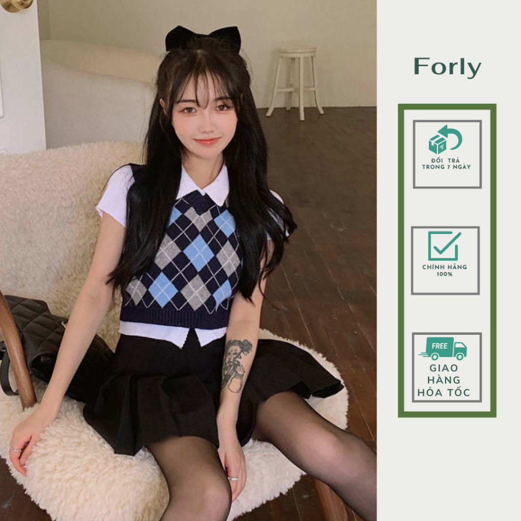 Áo gile len nữ Forgirlstudio dáng ngắn họa tiết trám nhỏ không tay FG102