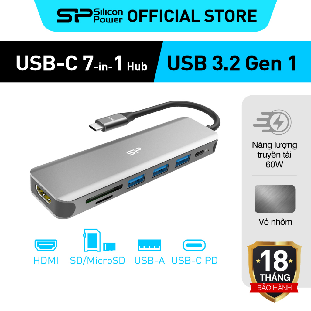 Hub SU20 Silicon Power - Cổng Chia USB 7 in 1 Hỗ trợ cổng Type-C và USB3.0 / Bảo hành 18 tháng