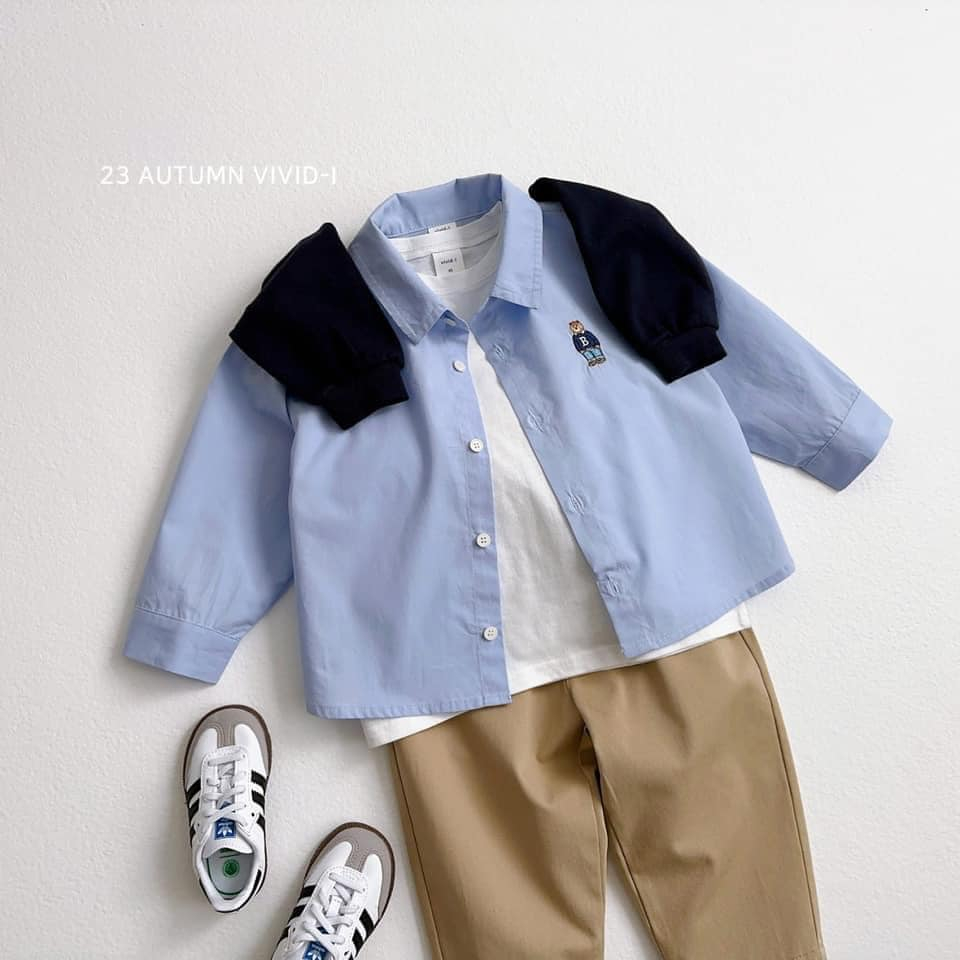 Vivid I - Áo sơ mi tay dài Bear Shirt Hàn Quốc cho bé