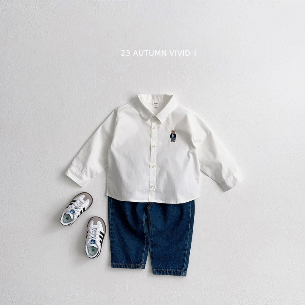 Vivid I - Áo sơ mi tay dài Bear Shirt Hàn Quốc cho bé