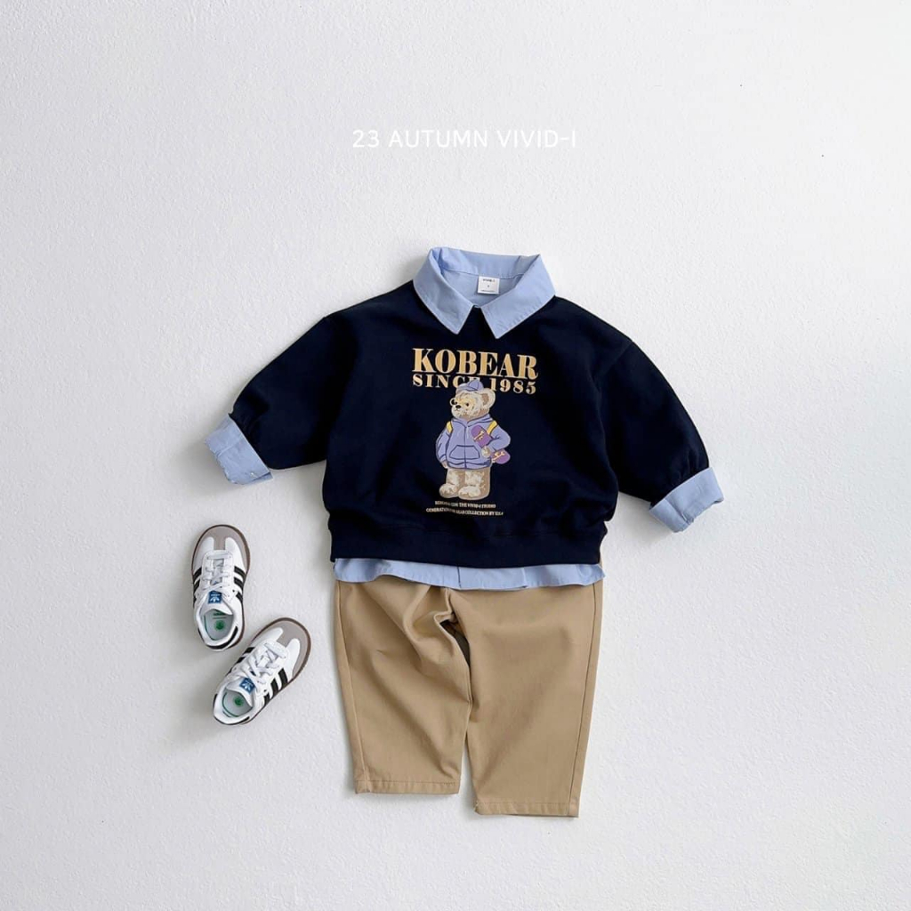 Vivid I - Áo sơ mi tay dài Bear Shirt Hàn Quốc cho bé