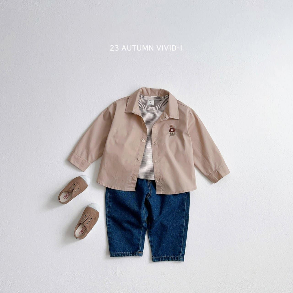 Vivid I - Áo sơ mi tay dài Bear Shirt Hàn Quốc cho bé