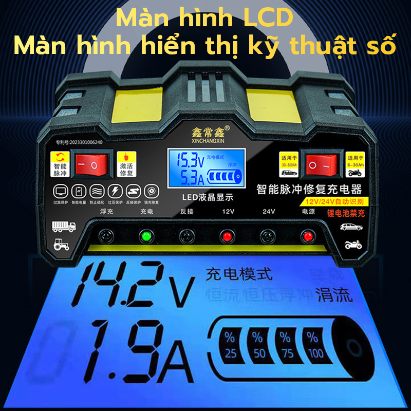 Bộ sạc bình ắc quy tự ngắt 12v 24v, sạc bình ắc quy xe máy ô tô từ 4ah - 200ah hàng chính hãng