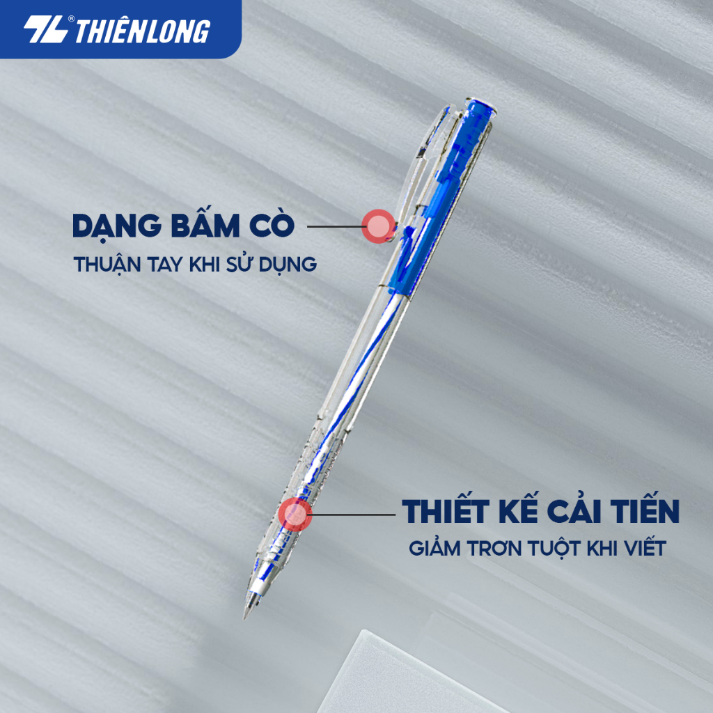 Bút bi Thiên Long TL-027 mực xanh/đỏ/đen/tím ngòi 0.5mm dạng bấm cò, nét viết đều dành cho học sinh, văn phòng