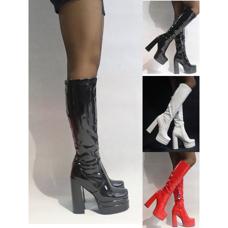 Giày bốt cổ cao tới gối gót vuông 14cm mũi vuông màu đen, trắng, đỏ BNCC25