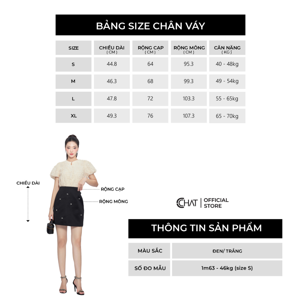 Chân Váy 𝐂𝐂𝐇𝐀𝐓 Dáng Ngắn Chữ A Đính Đá Chất Tafta Cao Cấp Phong Cách Thanh Lịch 13CNB9001AT