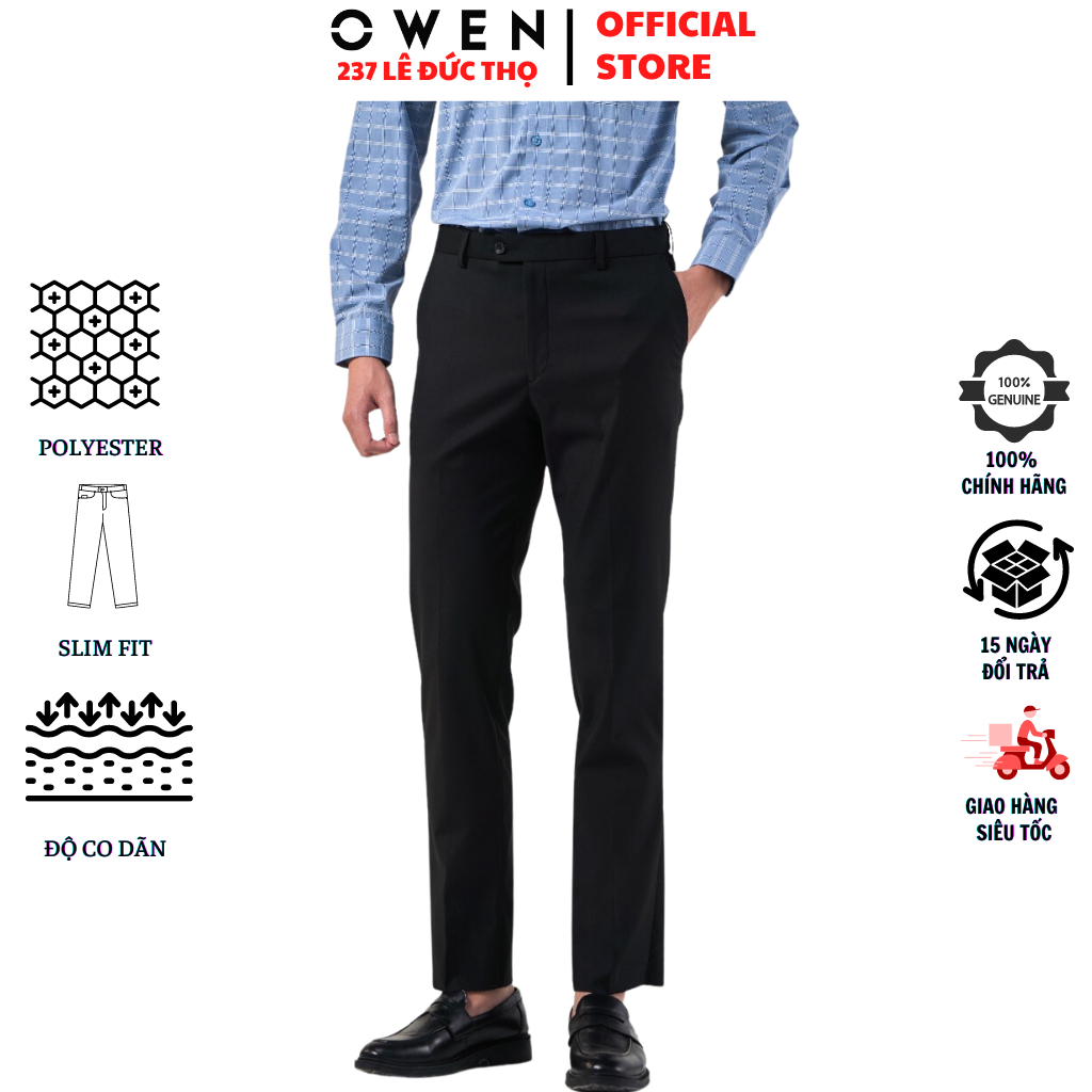 Quần âu nam Owen QST231501 đồ tây công sở chất liệu polyester cao cấp màu đen trơn form slim fit ống ôm cạp tăng đơ