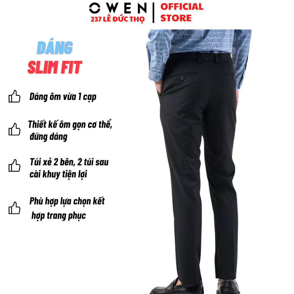 Quần âu nam Owen QST231501 đồ tây công sở chất liệu polyester cao cấp màu đen trơn form slim fit ống ôm cạp tăng đơ