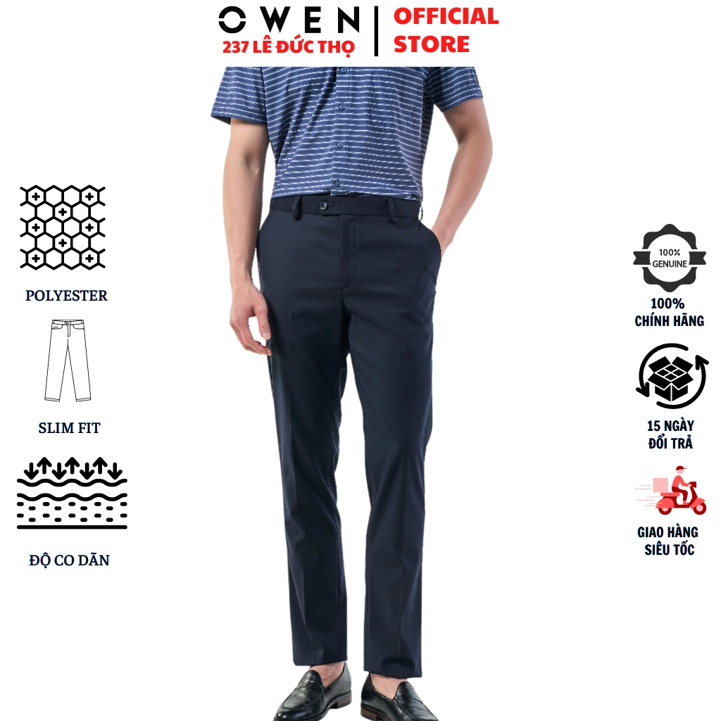 Quần âu nam Owen QST231505 đồ tây công sở chất liệu polyester cao cấp màu navy trơn form slim fit ống ôm cạp tăng đơ