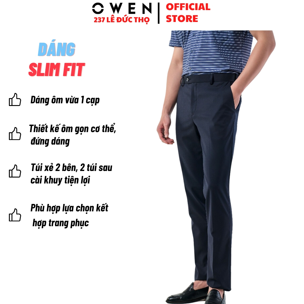 Quần âu nam Owen QST231505 đồ tây công sở chất liệu polyester cao cấp màu navy trơn form slim fit ống ôm cạp tăng đơ