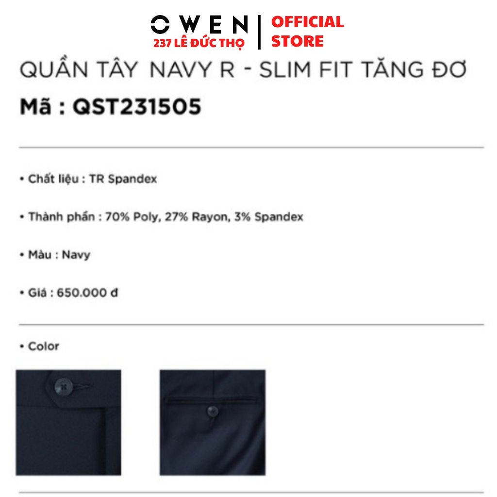 Quần âu nam Owen QST231505 đồ tây công sở chất liệu polyester cao cấp màu navy trơn form slim fit ống ôm cạp tăng đơ