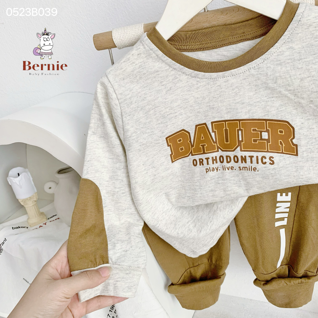 Bộ thu đông bé trai BAUER đáp tay từ 9-23kg Berine - Bộ dài tay bé trai cotton 2 màu khoẻ khoắn - 0523B039