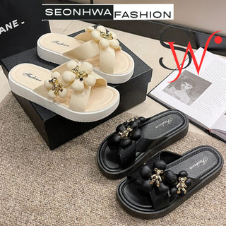 Dép sandal nữ quai chéo đính hoa SEONHWA cao 3.5cm chất liệu dẻo cao cấp, sang chảnh G2306