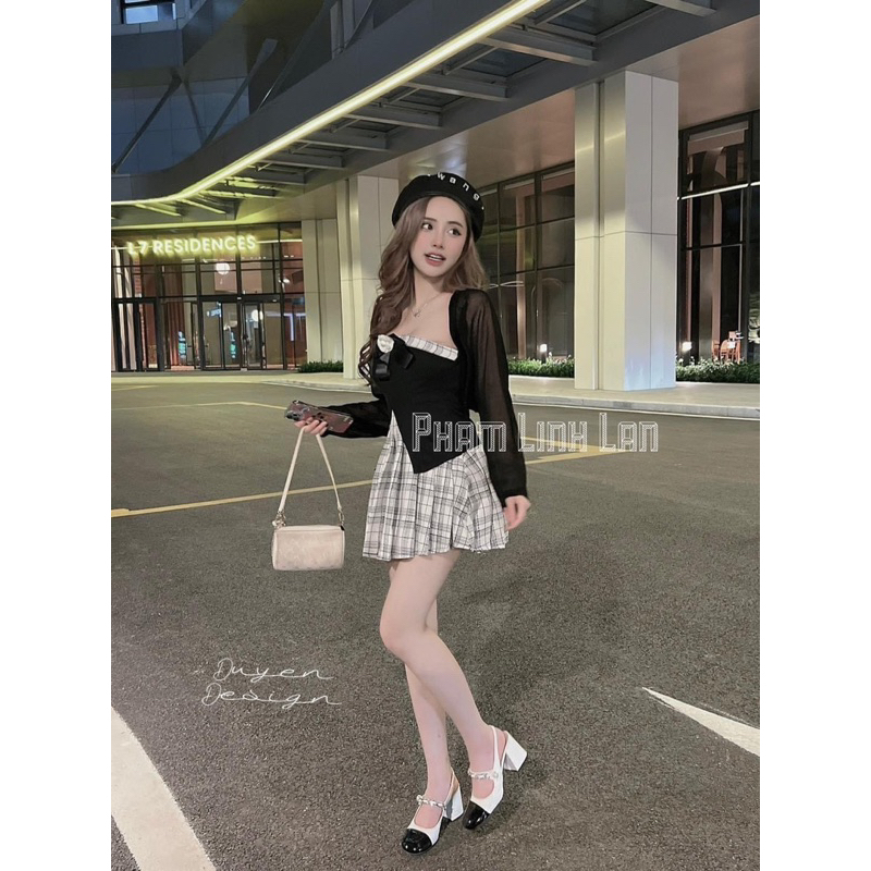 Set 3 món áo quây chân chân váy kẻ caro cardigan