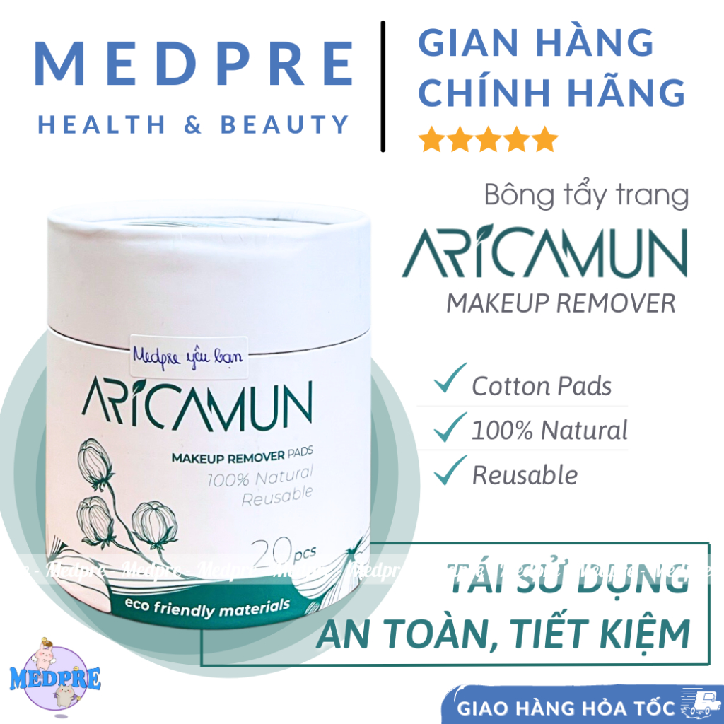 Bông tẩy trang từ hoa Cotton Aricamun - Hộp 20 miếng + 1 túi giặt bông - Medpre