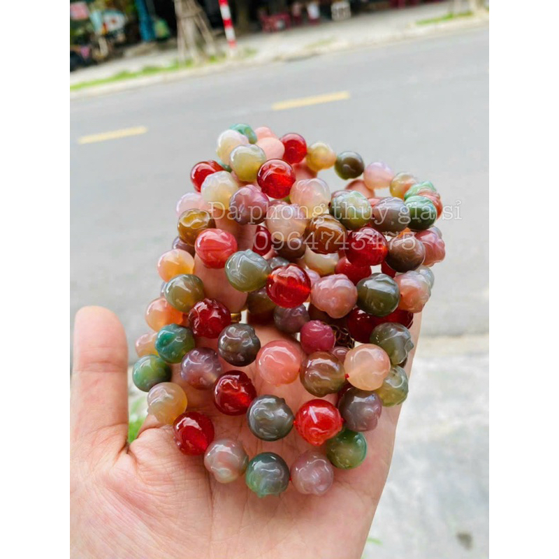 Vòng tay di lặc mã não nam hồng siêu đẹp mịn kèm hộp gấm cao cấp