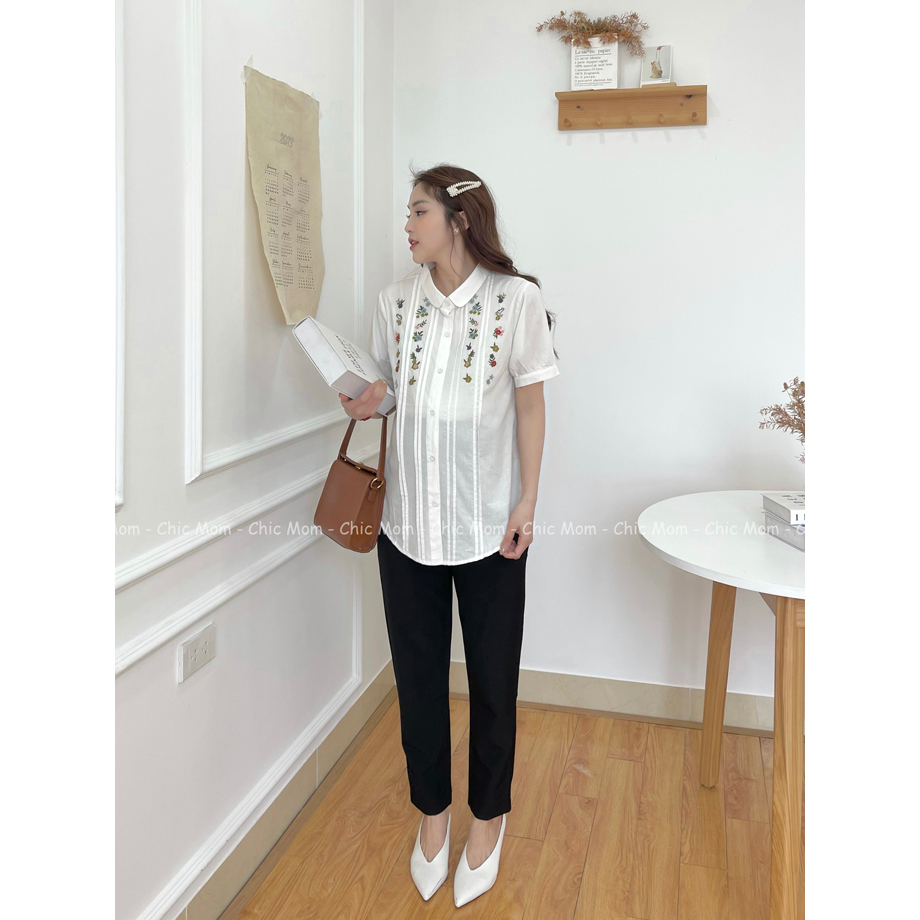 Áo bầu sơ mi cổ đức áo bầu công sở cộc tay chất thô mềm mịn thêu hoa sọc áo từ 55-75kg ĐẦM BẦU CHIC MOM