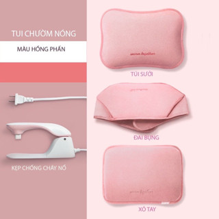  Túi chườm nóng - Túi sưởi ấm Hz008 + BAO XỎ TAY + ĐAI BỤNG màu HỒNG nhung mềm mại sạc chống cháy 