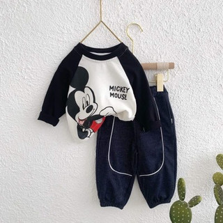 Bộ micky trắng phối tay đen dài tay quần bò cho bé trai