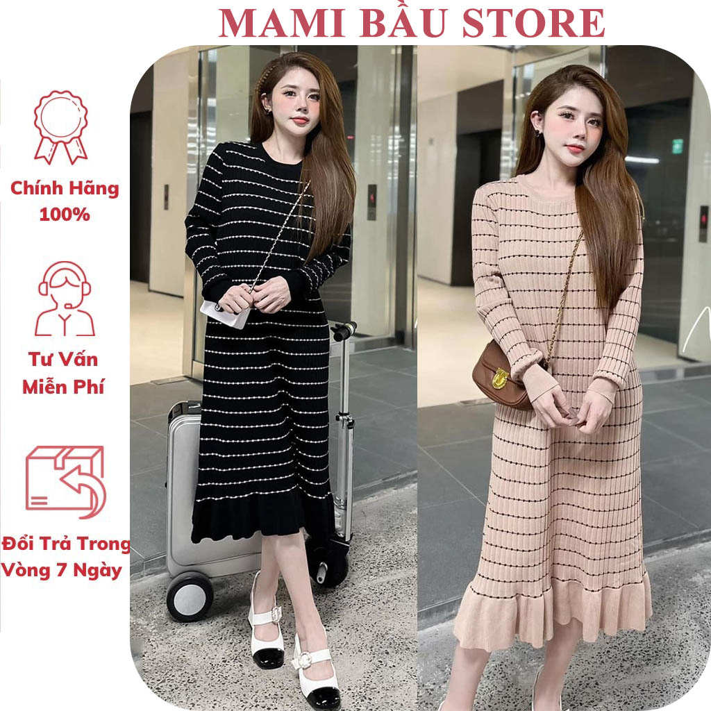 Đầm Váy Len Mongtoghi Quảng Châu Thu Đông Dài Tay Dáng Suông Đuôi Cá Điệu Đà - Đầm Bầu Babydoll Xinh Bigsize