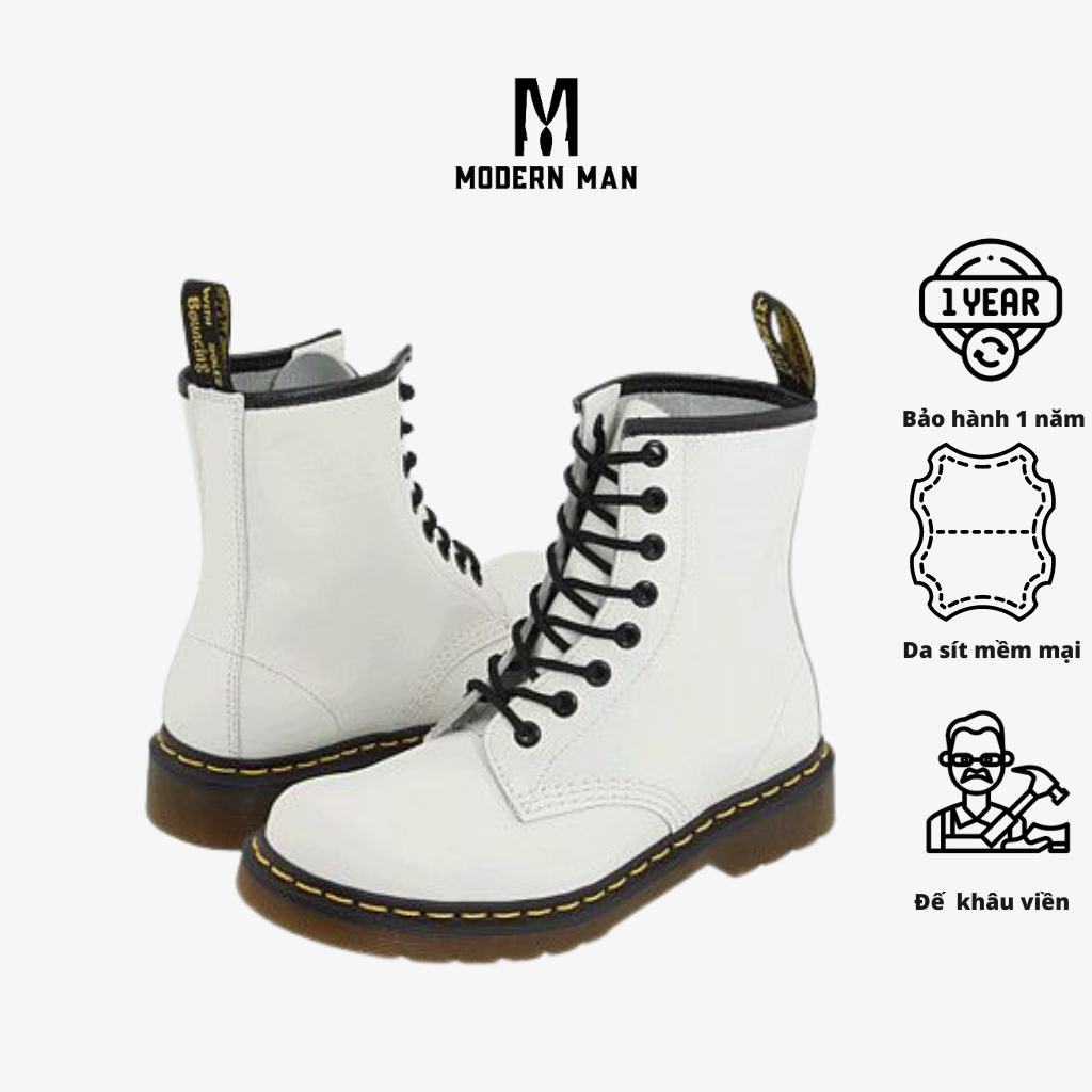 Giày Boots Cao Cổ Màu Trắng Dr. Martens 1460 Nam Nữ, Da Sít Đế Khâu