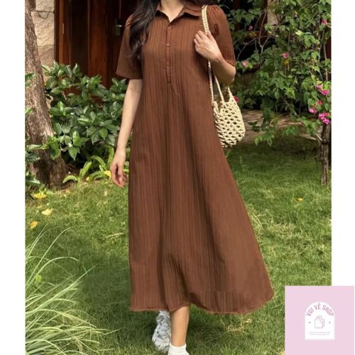 Đầm Váy Sơ Mi Set 2 Chi Tiết Hai Lớp Cổ Bẻ Đức Chất Liệu Gân Đũi Sọc Dáng Suông Dài Style Hàn Quốc Vintage Hottrend