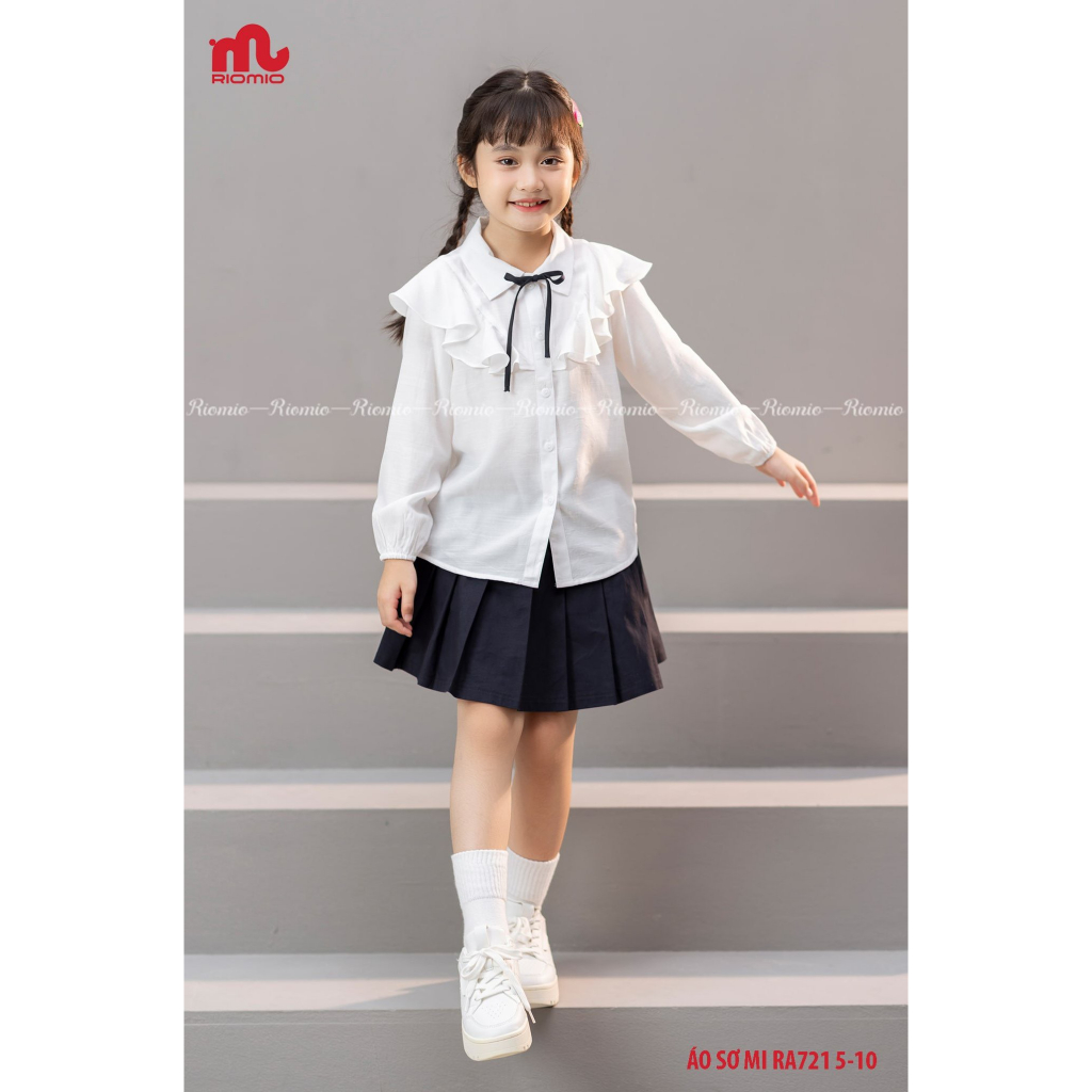 Set áo chân váy bé gái Riomio đi học, áo cổ bèo cánh tiên phối chân váy xếp ly cho bé 5,6,7,8,9,10,11 tuổi RA721, RCV661